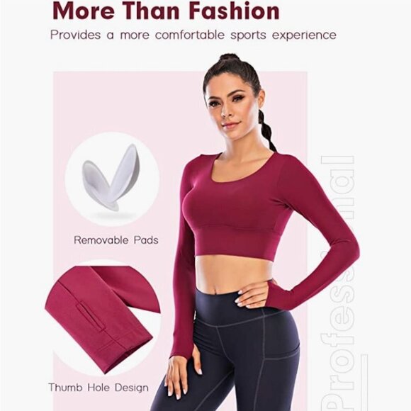 Long Sleeve Sport Crop Top, Strappy Fitness Shirt with Thumb Hole, Small - Picture 2 of 7